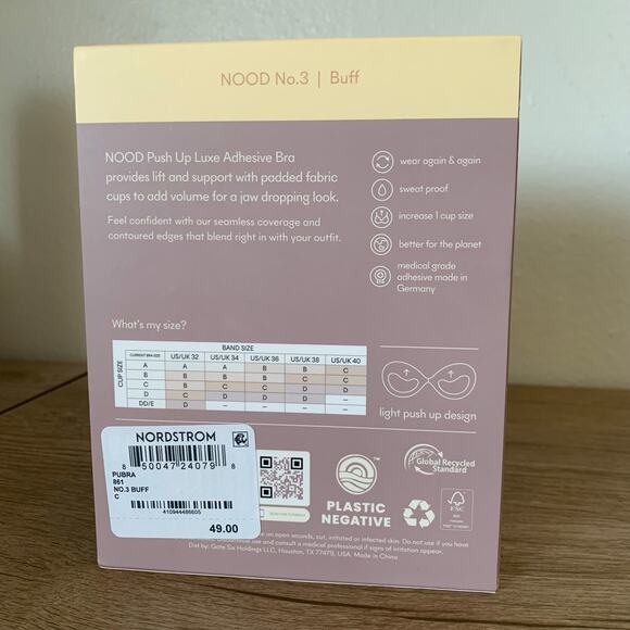 NIB NOOD Push-Up Luxe Adhesive Bra Size C Cup Padded Backless Strapless Reusable - Picture 3 of 6